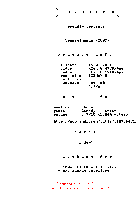 NFO for the release Transylmania.2009.720p.BluRay.x264-SWAGGERHD by SWAGGERHD