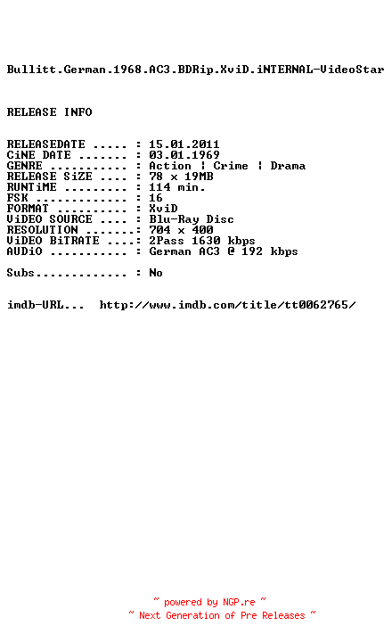 NFO for the release Bullitt.German.1968.AC3.BDRip.XviD.iNTERNAL-VideoStar by VideoStar