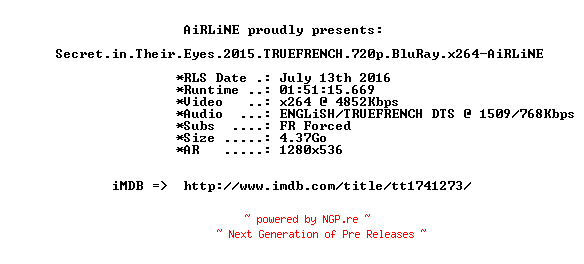 NFO for the release Secret.in.Their.Eyes.2015.TRUEFRENCH.720p.BluRay.x264-AiRLiNE by AiRLiNE