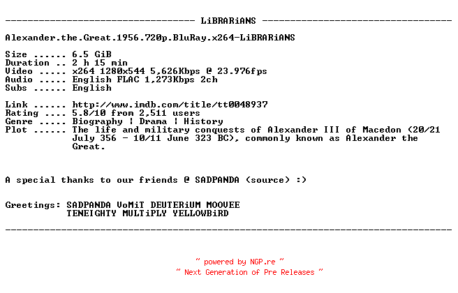 NFO for the release Alexander.the.Great.1956.720p.BluRay.x264-LiBRARiANS by LiBRARiANS