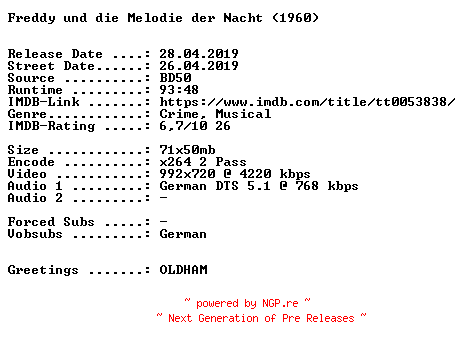 NFO for the release Freddy.und.die.Melodie.der.Nacht.1960.German.720p.BluRay.x264-SPiCY by SPiCY