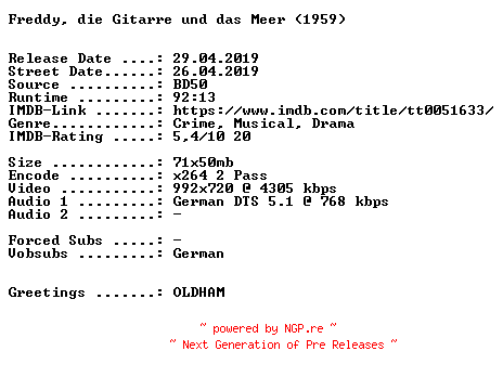 NFO for the release Freddy.die.Gitarre.und.das.Meer.1959.German.720p.BluRay.x264-SPiCY by SPiCY
