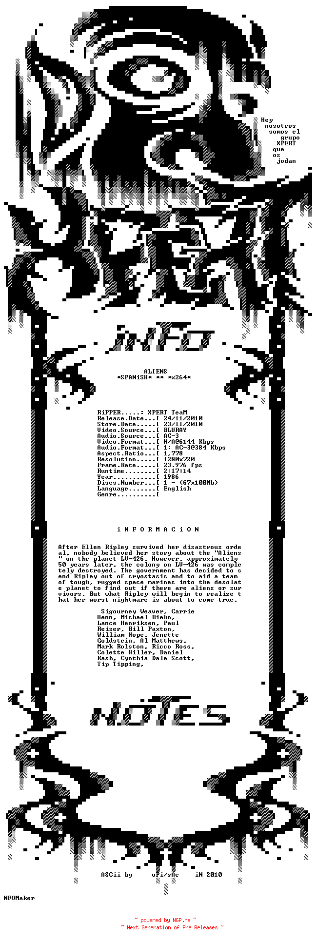 NFO for the release Aliens.1986.SPANiSH.720p.BluRay.x264-XPERT_HD by XPERT_HD