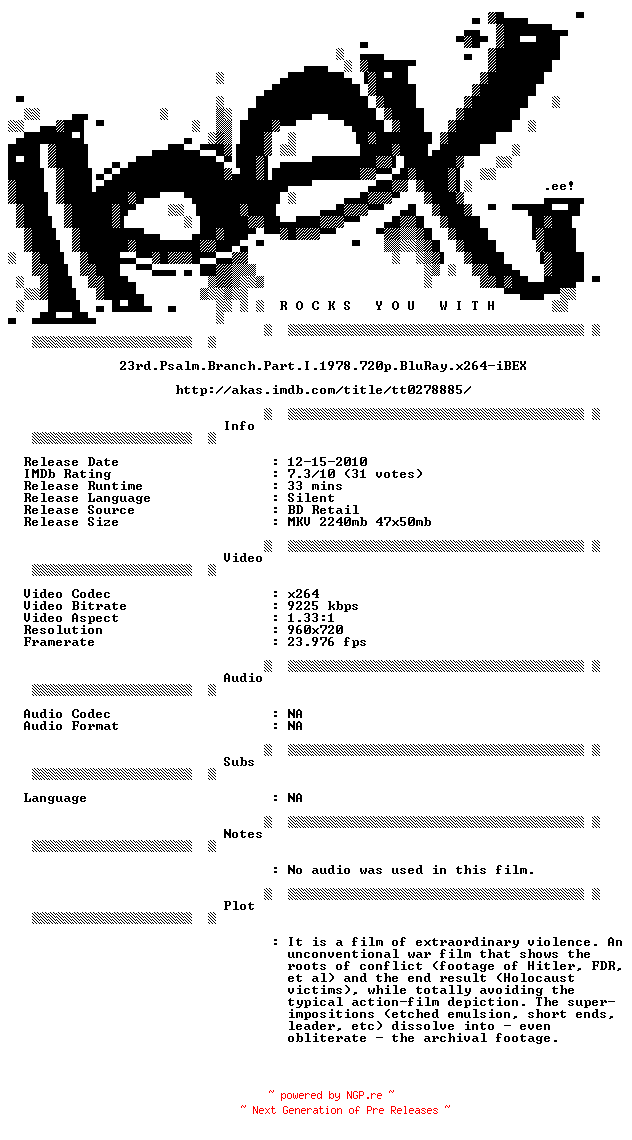 NFO for the release 23rd.Psalm.Branch.Part.I.1978.720p.BluRay.x264-iBEX by iBEX