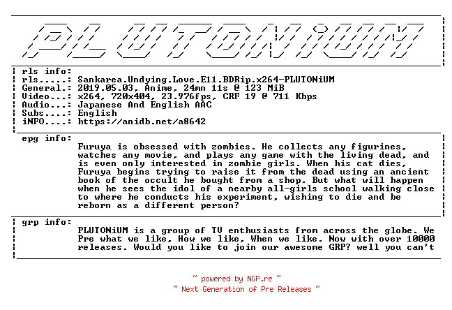 NFO for the release Sankarea.Undying.Love.E11.BDRip.x264-PLUTONiUM by PLUTONiUM