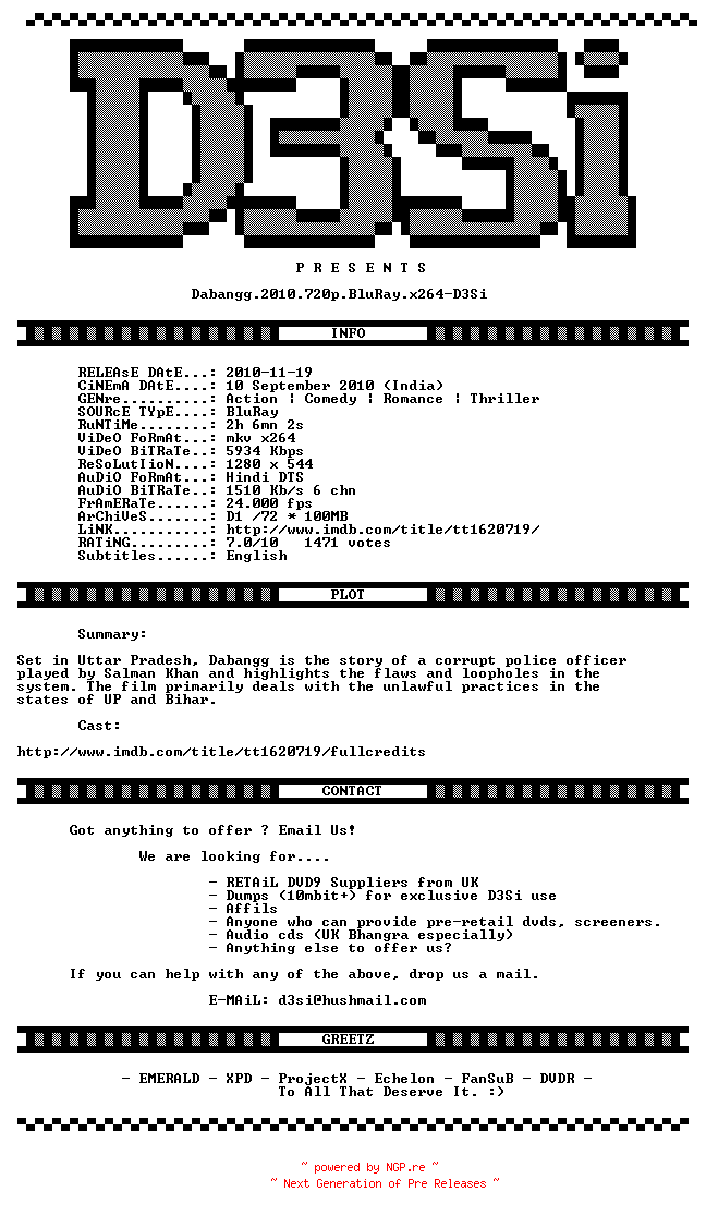 NFO for the release Dabangg.2010.720p.BluRay.x264-D3Si by D3Si
