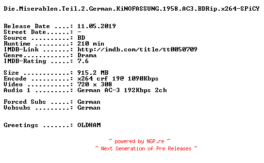 NFO for the release Die.Miserablen.Teil.2.German.KiNOFASSUNG.1958.AC3.BDRip.x264-SPiCY by SPiCY