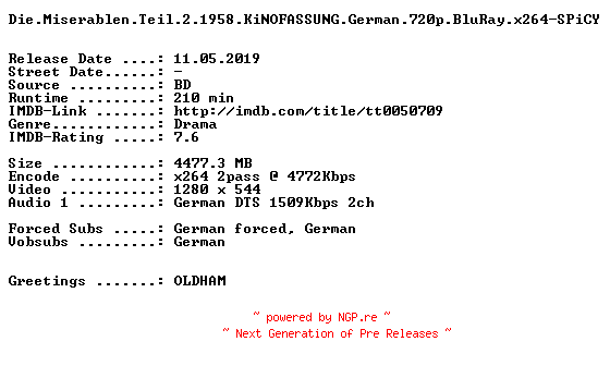 NFO for the release Die.Miserablen.Teil.2.1958.KiNOFASSUNG.German.720p.BluRay.x264-SPiCY by SPiCY