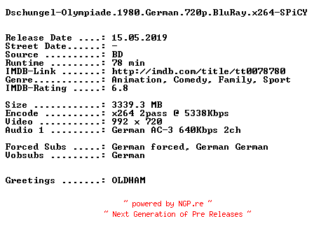 NFO for the release Dschungel-Olympiade.1980.German.720p.BluRay.x264-SPiCY by SPiCY