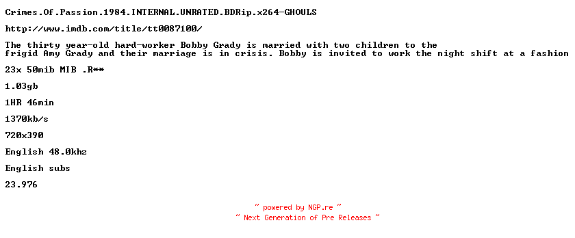 NFO for the release Crimes.Of.Passion.1984.INTERNAL.UNRATED.BDRip.x264-GHOULS by GHOULS