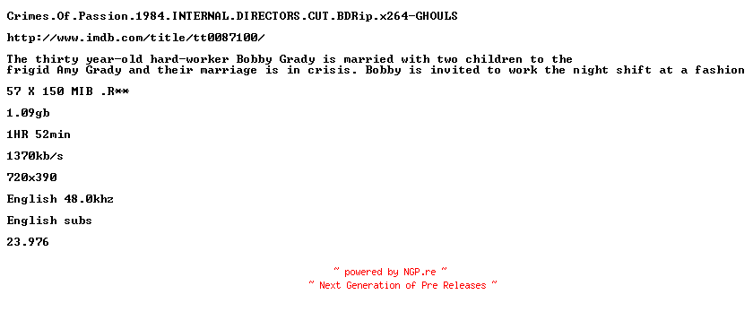 NFO for the release Crimes.Of.Passion.1984.INTERNAL.DIRECTORS.CUT.BDRip.x264-GHOULS by GHOULS