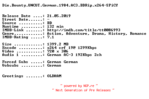 NFO for the release Die.Bounty.UNCUT.German.1984.AC3.BDRip.x264-SPiCY by SPiCY