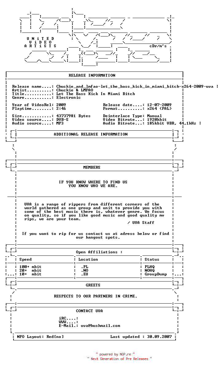 NFO for the release Chuckie_and_lmfao-let_the_bass_kick_in_miami_bitch-x264-2009-uva by uva