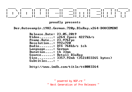 NFO for the release Der.Autovampir.1982.German.720p.BluRay.x264-DOUCEMENT by DOUCEMENT