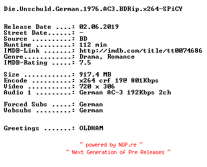 NFO for the release Die.Unschuld.German.1976.AC3.BDRip.x264-SPiCY by SPiCY