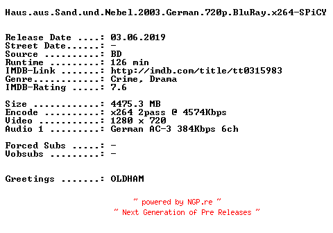 NFO for the release Haus.aus.Sand.und.Nebel.2003.German.720p.BluRay.x264-SPiCY by SPiCY