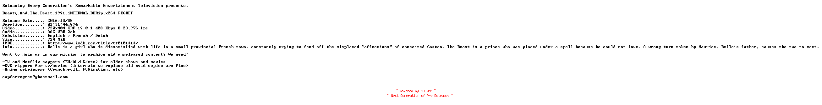 NFO for the release Beauty.And.The.Beast.1991.iNTERNAL.BDRip.x264-REGRET by REGRET