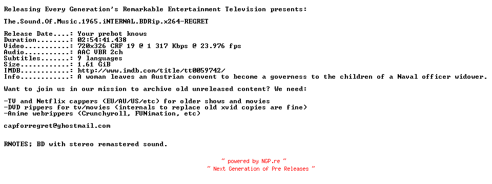 NFO for the release The.Sound.Of.Music.1965.iNTERNAL.BDRip.x264-REGRET by REGRET