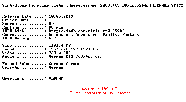 NFO for the release Sinbad.Der.Herr.der.sieben.Meere.German.2003.AC3.BDRip.x264.iNTERNAL-SPiCY by SPiCY