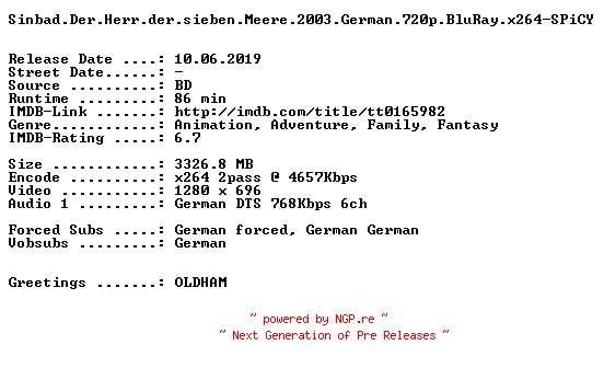 NFO for the release Sinbad.Der.Herr.der.sieben.Meere.2003.German.720p.BluRay.x264-SPiCY by SPiCY