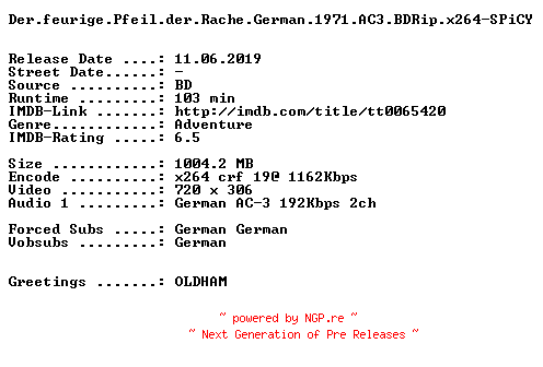 NFO for the release Der.feurige.Pfeil.der.Rache.German.1971.AC3.BDRip.x264-SPiCY by SPiCY