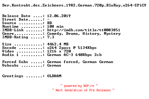 NFO for the release Der.Kontrakt.des.Zeichners.1982.German.720p.BluRay.x264-SPiCY by SPiCY