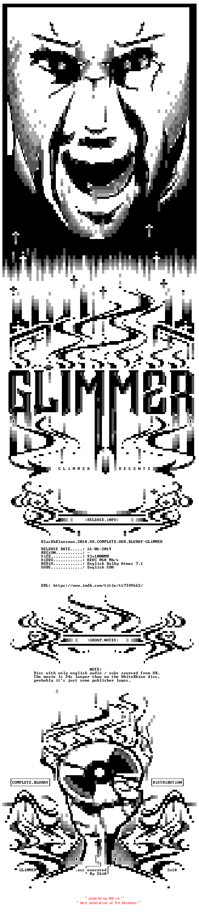NFO for the release BlacKkKlansman.2018.UK.COMPLETE.UHD.BLURAY-GLiMMER by GLiMMER