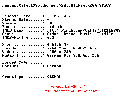 NFO for the release Kansas.City.1996.German.720p.BluRay.x264-SPiCY by SPiCY