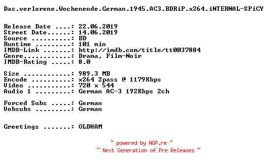 NFO for the release Das.verlorene.Wochenende.German.1945.AC3.BDRiP.x264.iNTERNAL-SPiCY by SPiCY