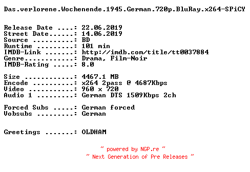 NFO for the release Das.verlorene.Wochenende.1945.German.720p.BluRay.x264-SPiCY by SPiCY