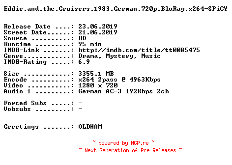 NFO for the release Eddie.and.the.Cruisers.1983.German.720p.BluRay.x264-SPiCY by SPiCY