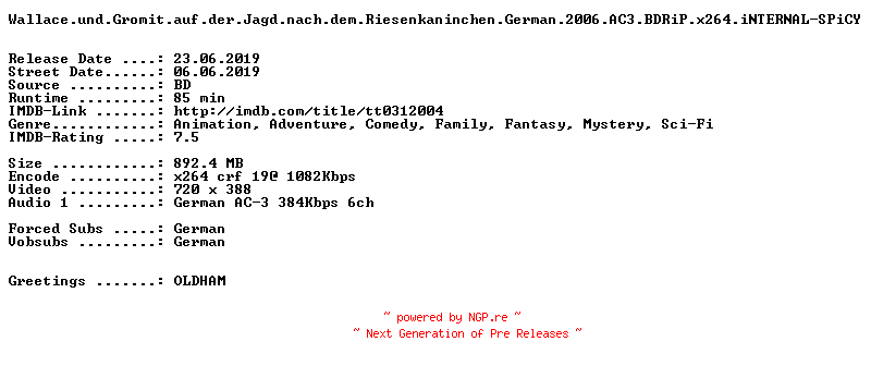 NFO for the release Wallace.und.Gromit.auf.der.Jagd.nach.dem.Riesenkaninchen.German.2006.AC3.BDRiP.x264.iNTERNAL-SPiCY by SPiCY