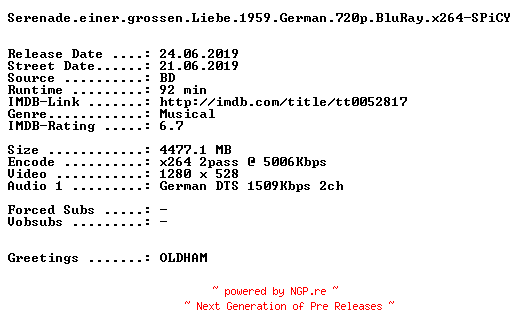 NFO for the release Serenade.einer.grossen.Liebe.1959.German.720p.BluRay.x264-SPiCY by SPiCY