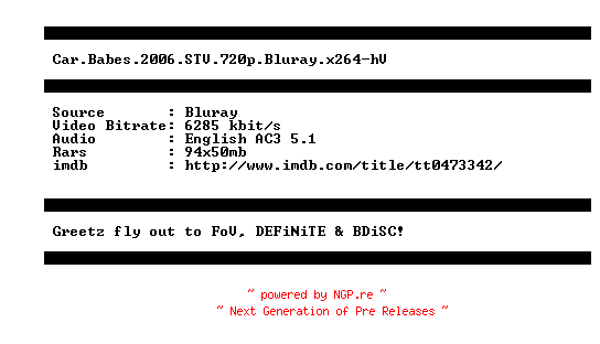 NFO for the release Car.Babes.2006.STV.720p.Bluray.x264-hV by hV