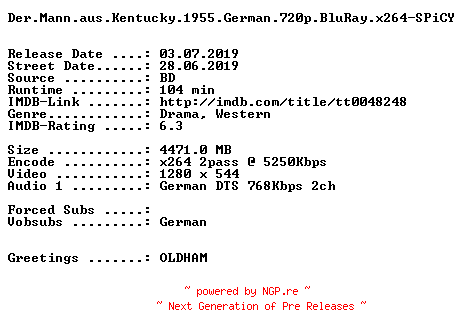 NFO for the release Der.Mann.aus.Kentucky.1955.German.720p.BluRay.x264-SPiCY by SPiCY