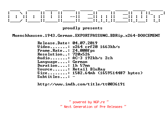 NFO for the release Muenchhausen.1943.German.EXPORTFASSUNG.BDRip.x264-DOUCEMENT by DOUCEMENT