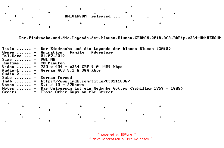 NFO for the release Der.Eisdrache.und.die.Legende.der.blauen.Blumen.GERMAN.2018.AC3.BDRip.x264-UNiVERSUM by UNiVERSUM