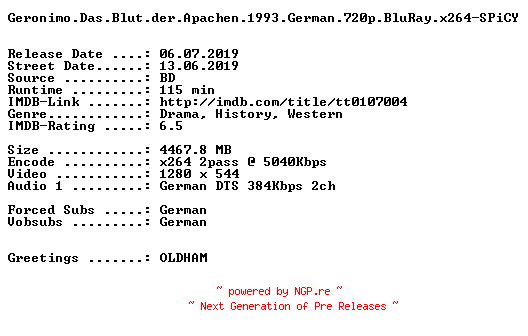 NFO for the release Geronimo.Das.Blut.der.Apachen.1993.German.720p.BluRay.x264-SPiCY by SPiCY