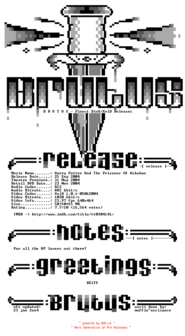 NFO for the release Harry.Potter.and.the.Prisoner.of.Azkaban.2004.BDRip.x264-BMDru by BMDru