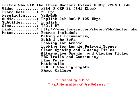NFO for the release Doctor.Who.S10.The.Three.Doctors.Extras.BDRip.x264-OUIJA by OUIJA