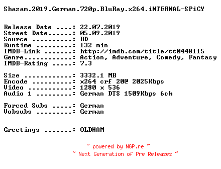 NFO for the release Shazam.2019.German.720p.BluRay.x264.iNTERNAL-SPiCY by SPiCY
