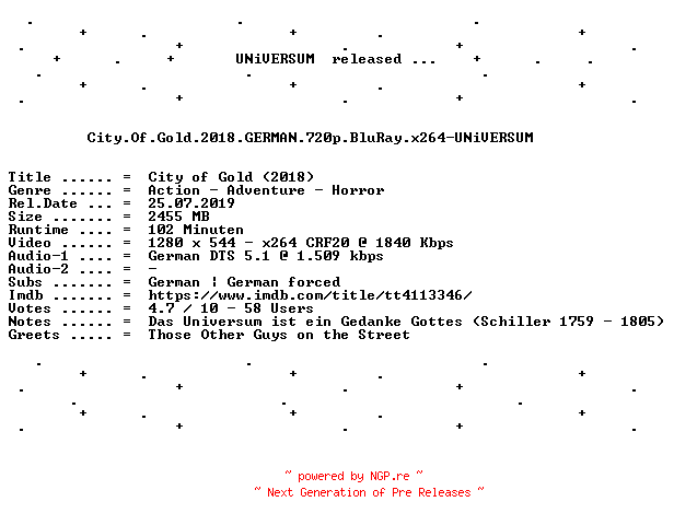 NFO for the release City.Of.Gold.2018.GERMAN.720p.BluRay.x264-UNiVERSUM by UNiVERSUM