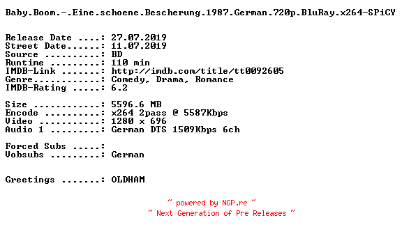 NFO for the release Baby.Boom.-.Eine.schoene.Bescherung.1987.German.720p.BluRay.x264-SPiCY by SPiCY