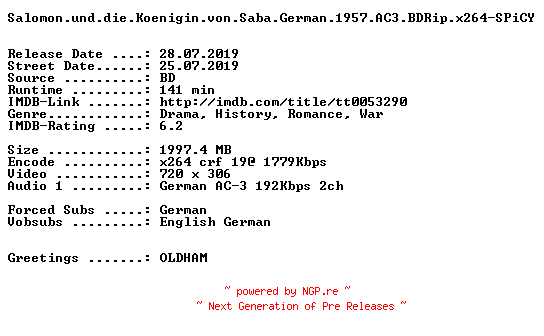 NFO for the release Salomon.und.die.Koenigin.von.Saba.German.1957.AC3.BDRip.x264-SPiCY by SPiCY