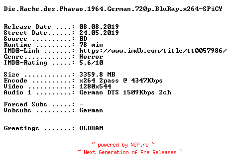 NFO for the release Die.Rache.des.Pharao.1964.German.720p.BluRay.x264-SPiCY by SPiCY