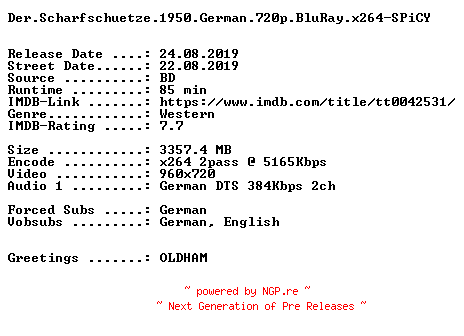 NFO for the release Der.Scharfschuetze.1950.German.720p.BluRay.x264-SPiCY by SPiCY