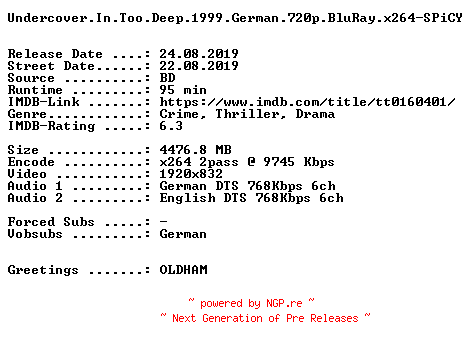 NFO for the release Undercover.In.Too.Deep.1999.German.720p.BluRay.x264-SPiCY by SPiCY