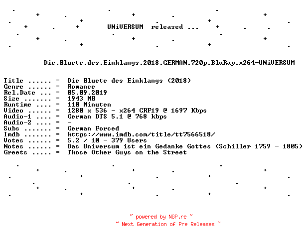 NFO for the release Die.Bluete.des.Einklangs.2018.GERMAN.720p.BluRay.x264-UNiVERSUM by UNiVERSUM