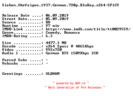 NFO for the release Sieben.Ohrfeigen.1937.German.720p.BluRay.x264-SPiCY by SPiCY