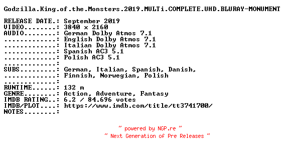 NFO for the release Godzilla.King.of.the.Monsters.2019.MULTi.COMPLETE.UHD.BLURAY-MONUMENT by MONUMENT